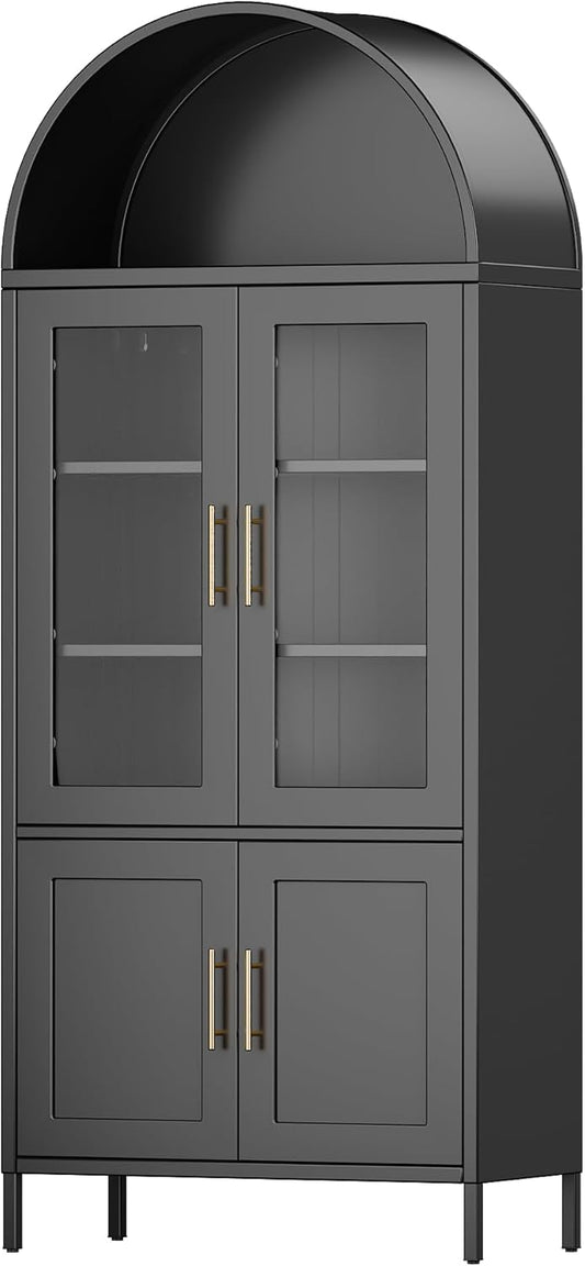 US Local Arched Kitchen Pantry Storage Cabinet With Doors Shelves, Black Arched Bookcase Display Cabinet For Home Office Bar Living Room, Assemble Require