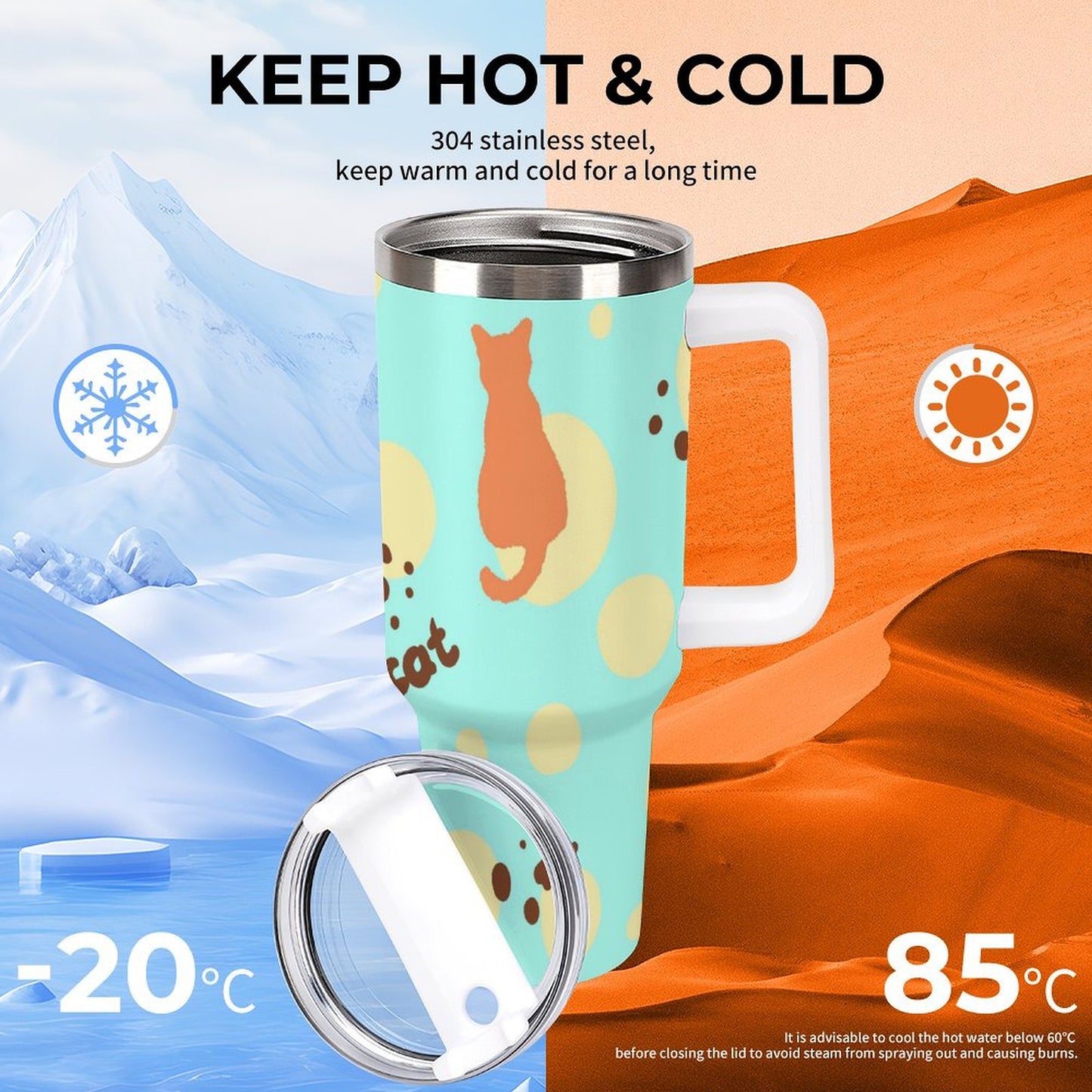 PHDT00209 POD US Local Tumbler 40 oz Large Capacity Car Cup Cat footprint cyan yellow polka Dot