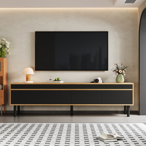 UK Local TV Cabinet, TV Table, TV Panel, Low Cabinet With Four Doors. Fine Texture. Black And Wood Color.