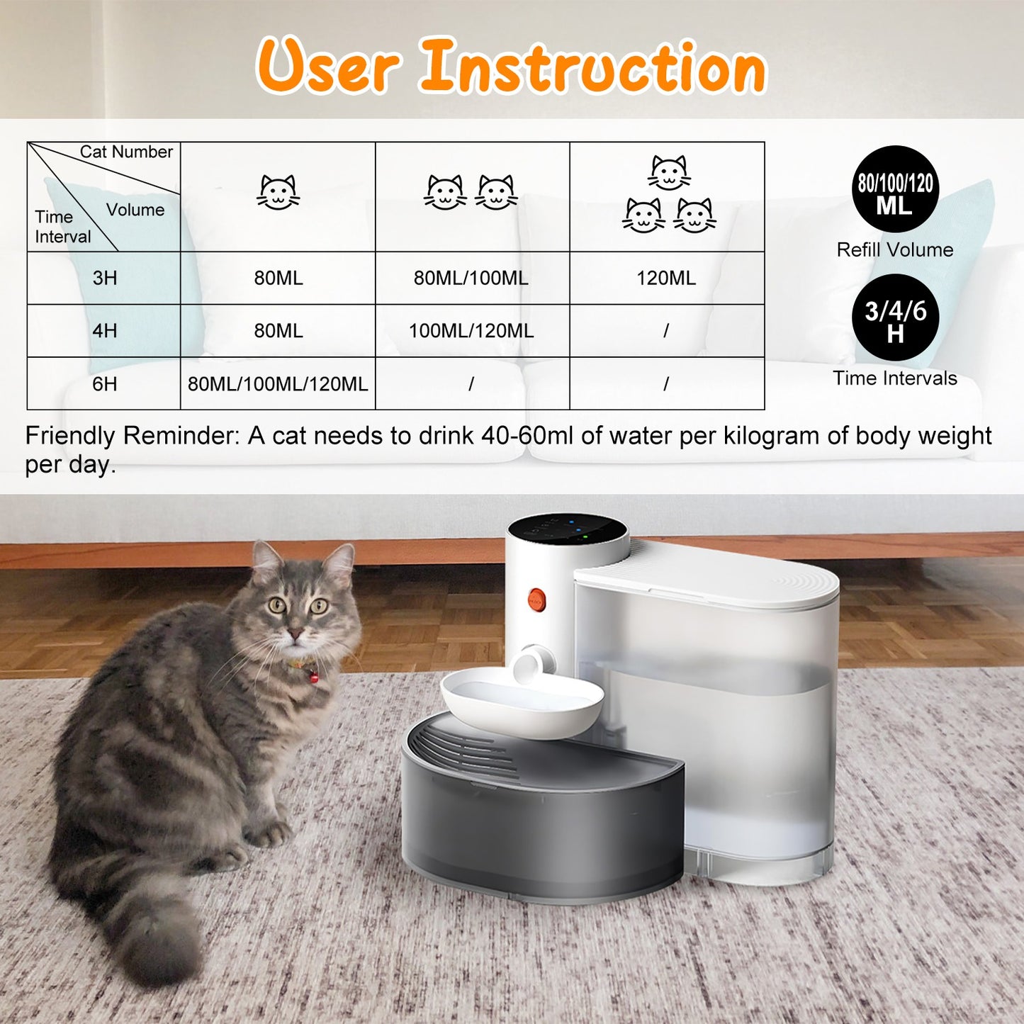 US Local 1Pc Smart Pet Water Fountain Automatic Cat Water Dispenser 3L Cordless Rechargeable Dog Water Fountain Self-Refill With 3 Adjustable Volume 3 Time Intervals Touch Control