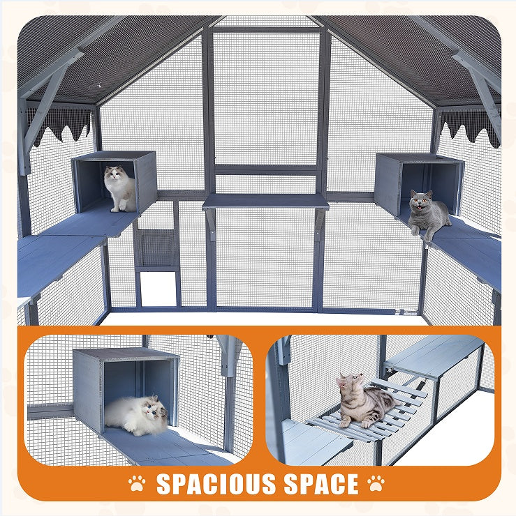 US Local Outdoor Cat House Cat Fence, Upgraded Waterproof Cover - Gray