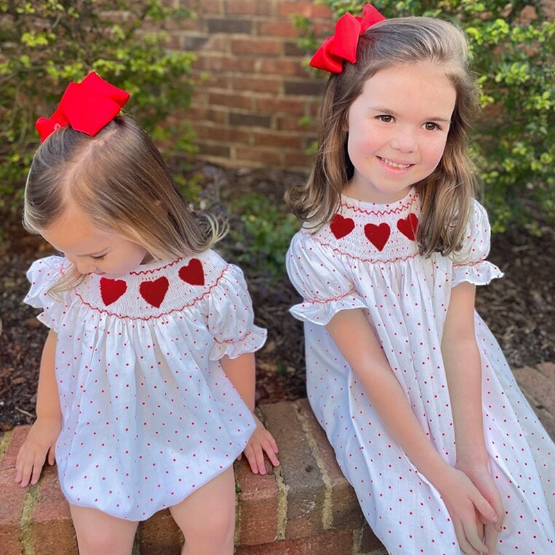 US Local Baby Girl's Valentine's Day Dress Short Sleeve Red Heart Embroidery Dress With Headband Smocked Princess Party Dress