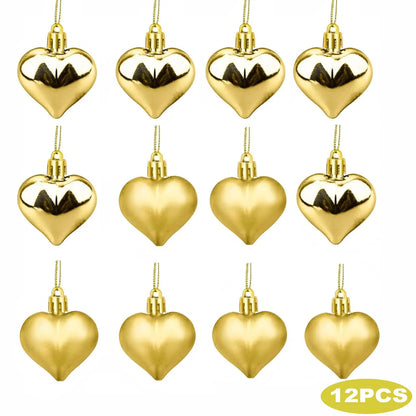 12PCS Christmas Heart Shape Ornaments Gold Red Pink Silver Heart Hanging Pendants Glossy And Matte Xmas Tree Decorations For Christmas Tree Party Wedding Valentine Decor