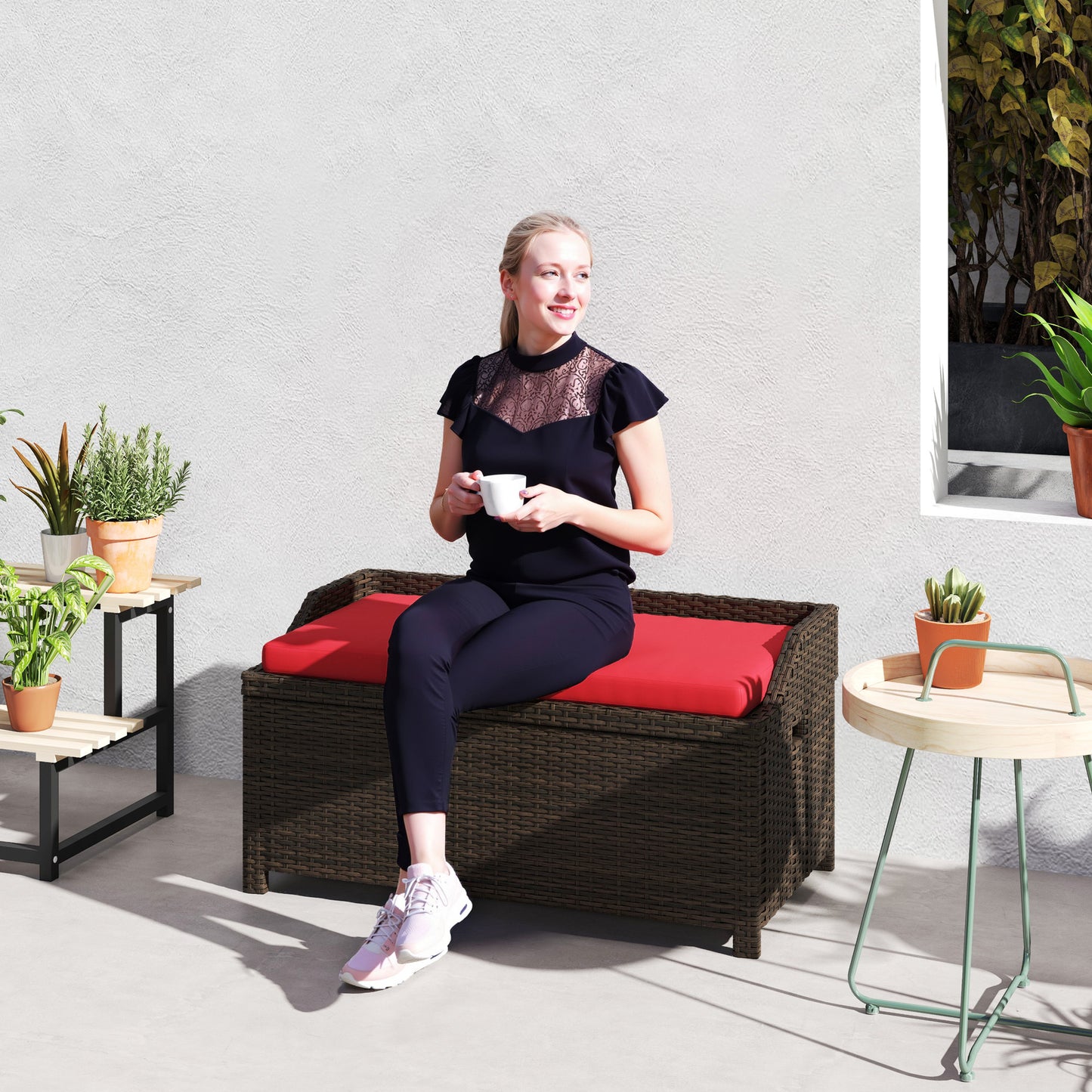 US Local Outdoor Wicker Storage Bench With Storage & Cushion, Red