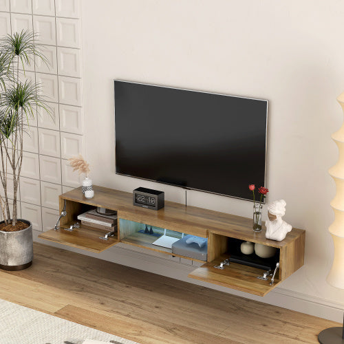 US Local Floating TV Stand, Wall Mounted TV Shelf With LED Lights & Power Outlet,Wall Mounted Floating TV Stand With 16 Color LEDs-brown