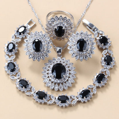 Garnet Cubic Zirconia Earrings Pendant Necklace Bracelet Ring Gift 4 PCs Set