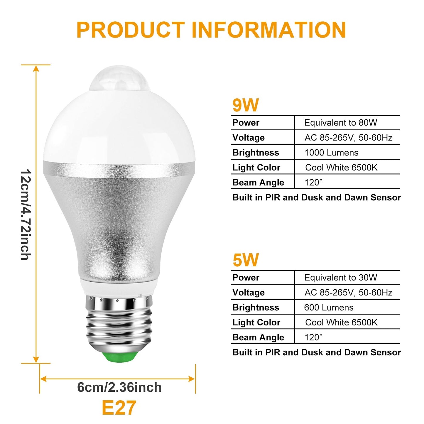 US Local E27 Motion Sensor Light Bulb 9W 6500K Dusk To Dawn Automatic On-Off LED Light Bulb Indoor Outdoor Use