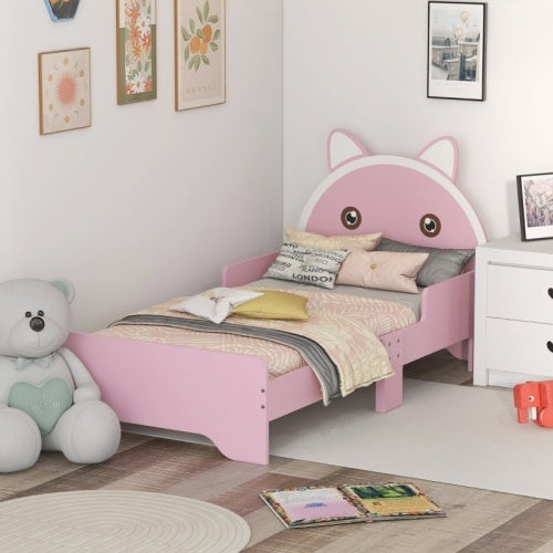 UK Local ZONEKIZ Bed For Kids Cat Design Toddler Bed Frame Bedroom Furniture With Guardrails, For 3-6 Years, 143L X 74W X 72Hcm - Pink