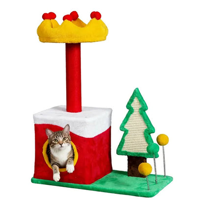 US Local 29.5in Christmas Themed Plush Cat Tree, Multi-level Cat Tower With Cat Condo, Top Crown Perch, Sisal Scratching Posts, Cat Pet Activity Center For Indoor Cats