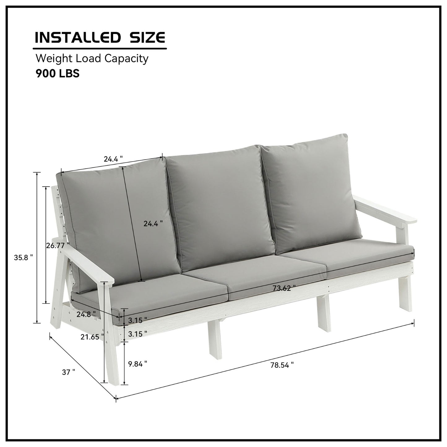 US Local HIPS 3 Seater Sofa With Cushion, Wood Grain Outdoor Garden Sofa,White Grey