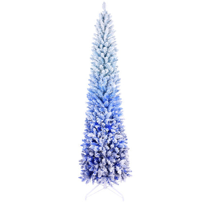 6FT Blue Gradient Flocked Pencil Christmas Tree With 200 Warm White LED Lights, 485 Tips, Hinged Branches, Slim Design, Metal Stand Narrow Prelit Tree For Holiday Home Decor