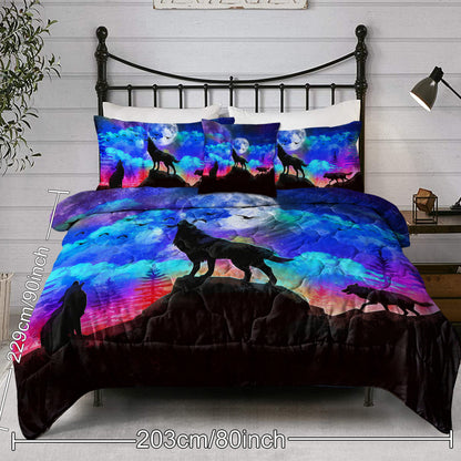 US Local Galaxy Comforter Set Men 3D Wolf Bed Comforter Set 4 Piece Wolves Howling Bedding For Boys Retro Oil Painting Design Purple Blue And Black Bedding Set Queen King Size