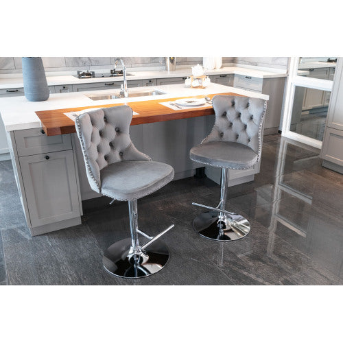 US Local Swivel Velvet Barstools Adjusatble Seat Height From 25-33 Inch Gray Set Of 2