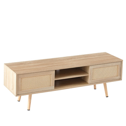US Local 55.12  Rattan TV Cabinet With Sliding Doors  Adjustable Shelf   Solid Wood Legs