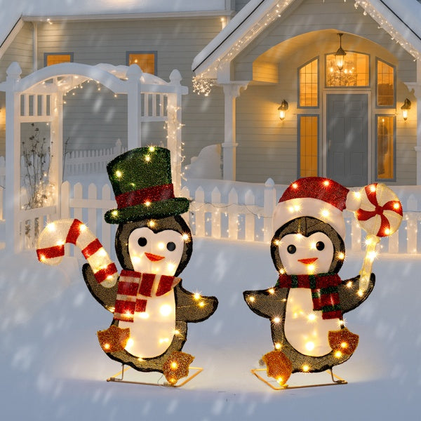 US Local Set Of 2 Lighted Penguin And Candy Cane Christmas Decorations, Pre-lit 2D Holiday Decor With 80 Warm White LED Lights For Xmas Outdoor Indoor Decor Lighted Holiday Displays