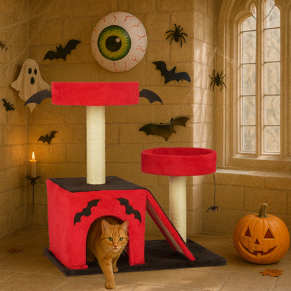 US Local Halloween Cat Climbing Frame Gothic Cat Tree, Cat Tower With Spacious Cat Condo, 2 Padded Perches, Spider Toy, Scratching Posts, Scratching Ladder For Large Cats, Red & Black