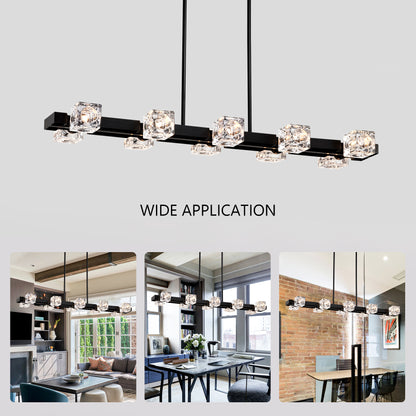 US Local Rectangle Chandelier For Dining Room, 10-Light Black Farmhouse Linear Pendant Light Fixture, Modern Crystal Hanging Lighting Chandelier For Lobby, Kitchen, Bedroom, Living Room, Conference Room, Home