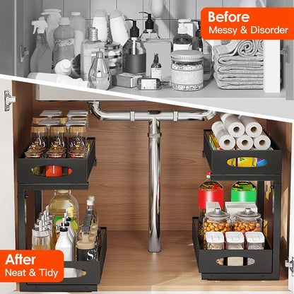 US Local 2Pcs Under Sink Organizer 2 Tier Pull Out Cabinet Baskets Storage Shelf Sliding Storage Drawers Rack With 5 Adjustable Height Mesh Baskets For Home Kitchen Bathroom Office