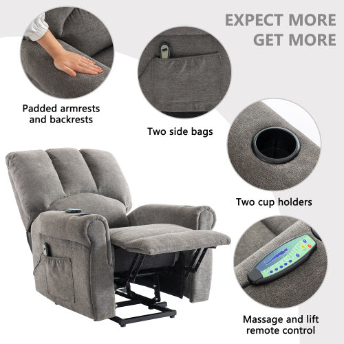 UK Local Electric Lift Grey Senior Chair - Single Motor, Heated Massage, Stand Assist, Storage Pockets, Cup Holders