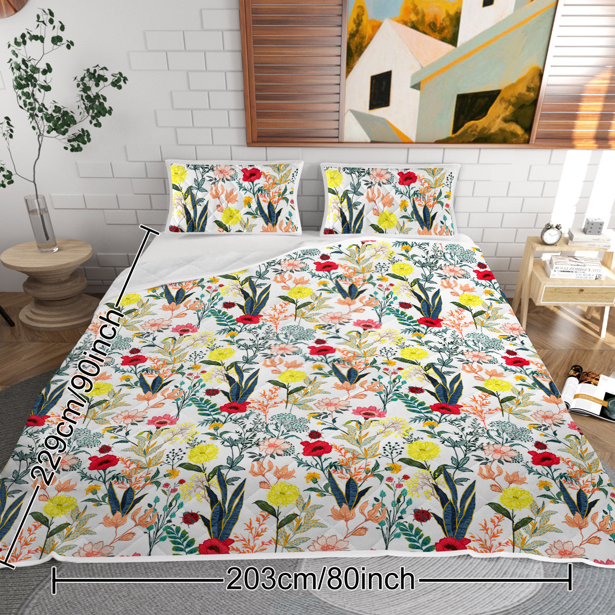 US Local Floral Quilt 3 Pieces Microfiber Quilt Sets Lightweight Bedspreads Botanical Coverlets Quilt Bedding Set All Season Quilts