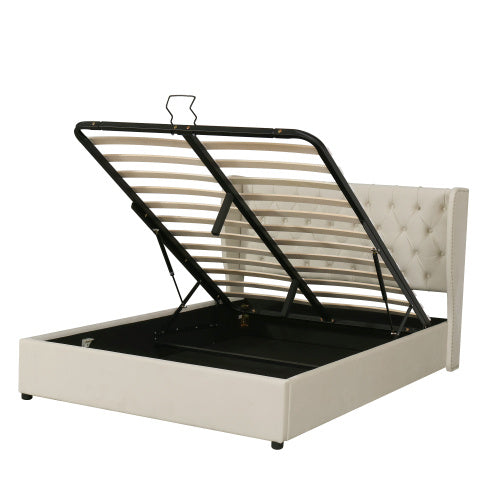 UK Local Upholstered Bed, With Hydraulic Lever, Functional Bed From Storage, 135 X 190 Cm, Without Mattress, Velvet, Beige