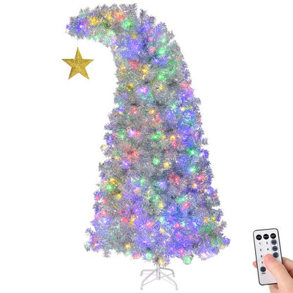 US Local 6 FT Bent Top Pre-lit Christmas Tree With Golden Star, Hinged Artificial Xmas Tree With 300 Lights, 900 Branch Tips And Remote Control For Holiday Party Store Office Home, Silver