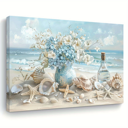 US Local 1 Piece Framed Wooden Canvas Painting, One Piece Blue Vase Floral Canvas Print, Wooden Frame Wall Art, Shell And Ocean Theme, Home And Office Decor, Suitable For Living Room, Bedroom, Kitchen, School