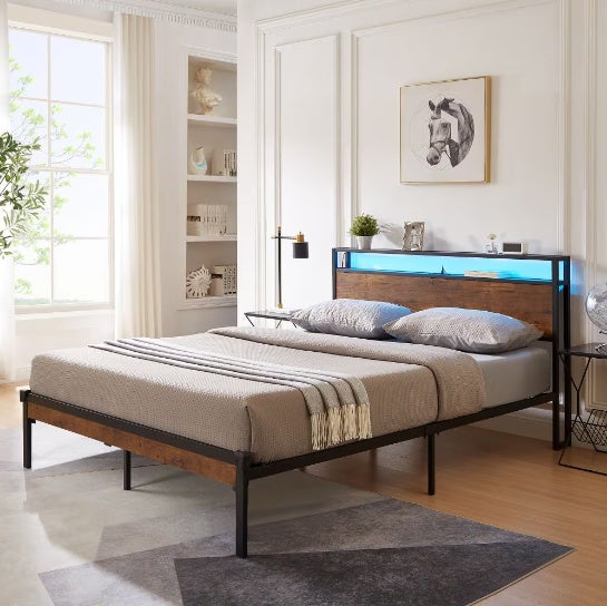 US Local King Size Metal Platform Bed Frame With Wooden Headboard And Footboard With USB LINER
