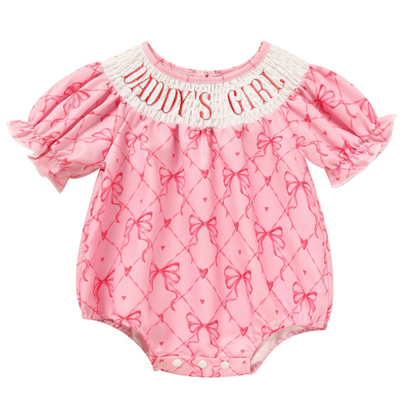 US Local Baby Girl's Bowknot Graphic Print Romper, Daddy's Girl Letter Print Triangle Jumpsuit With Bubble Sleeves
