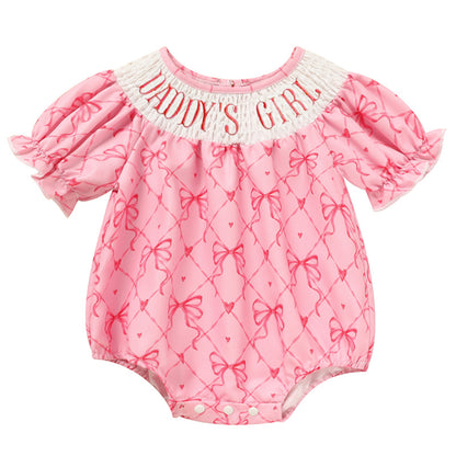 US Local Baby Girl's Bowknot Graphic Print Romper, Daddy's Girl Letter Print Triangle Jumpsuit With Bubble Sleeves