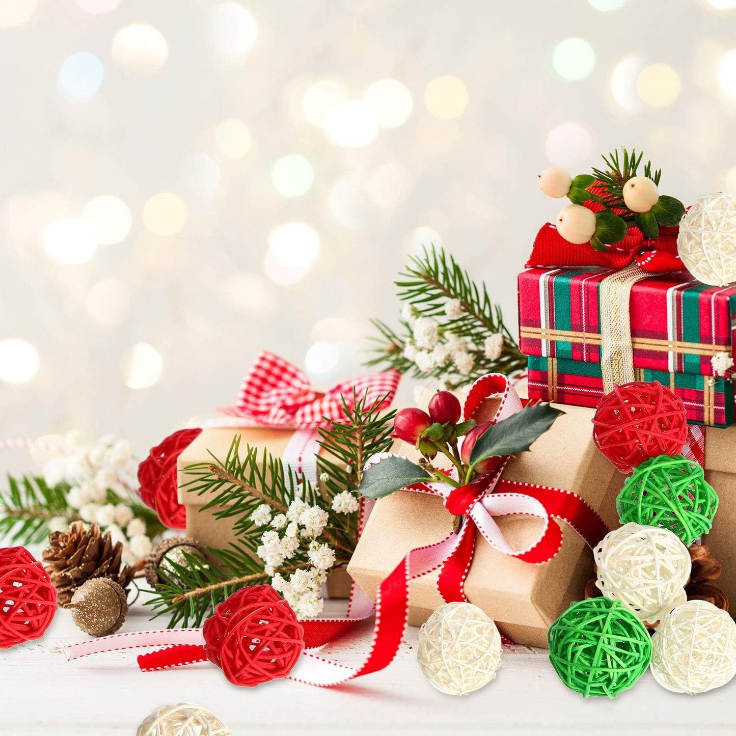 US Local 30 Pieces Wicker Rattan Balls Decorative Orbs For Bowl Centerpieces Christmas Vase Filler For Holiday Xmas Home Table Decor DIY Craft Aromatherapy Accessories, 1.2 Inch Red White Green