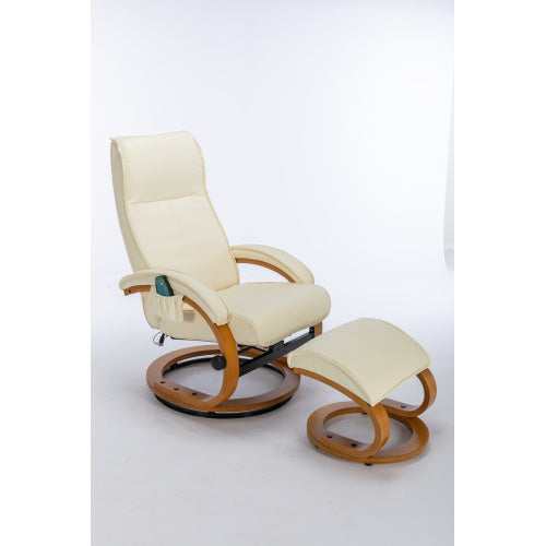 UK Local PU Upholstered Massage Recliner With Ottoman Footstool, 5 Points Massager, Bentwood Base For Living Room Bedroom, Beige