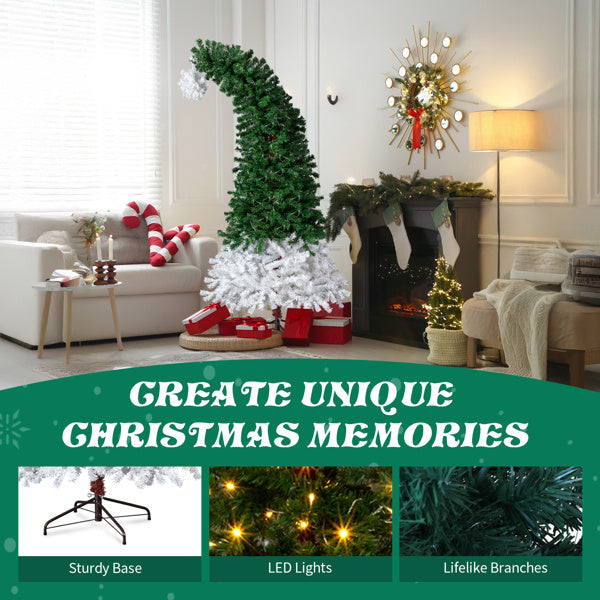 US Local 6 FT Santa Hat Style Pre-lit Christmas Tree, Hinged Artificial Xmas Tree Pine Tree With 250 Warm White Lights, 839 Branch Tips For Holiday Party Store Office Home, Green & White