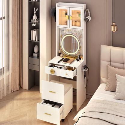 US Local 3 Draws 2 Doors 1LED3 Color Tone Light Touch Large Round Mirror Dressing Table Set