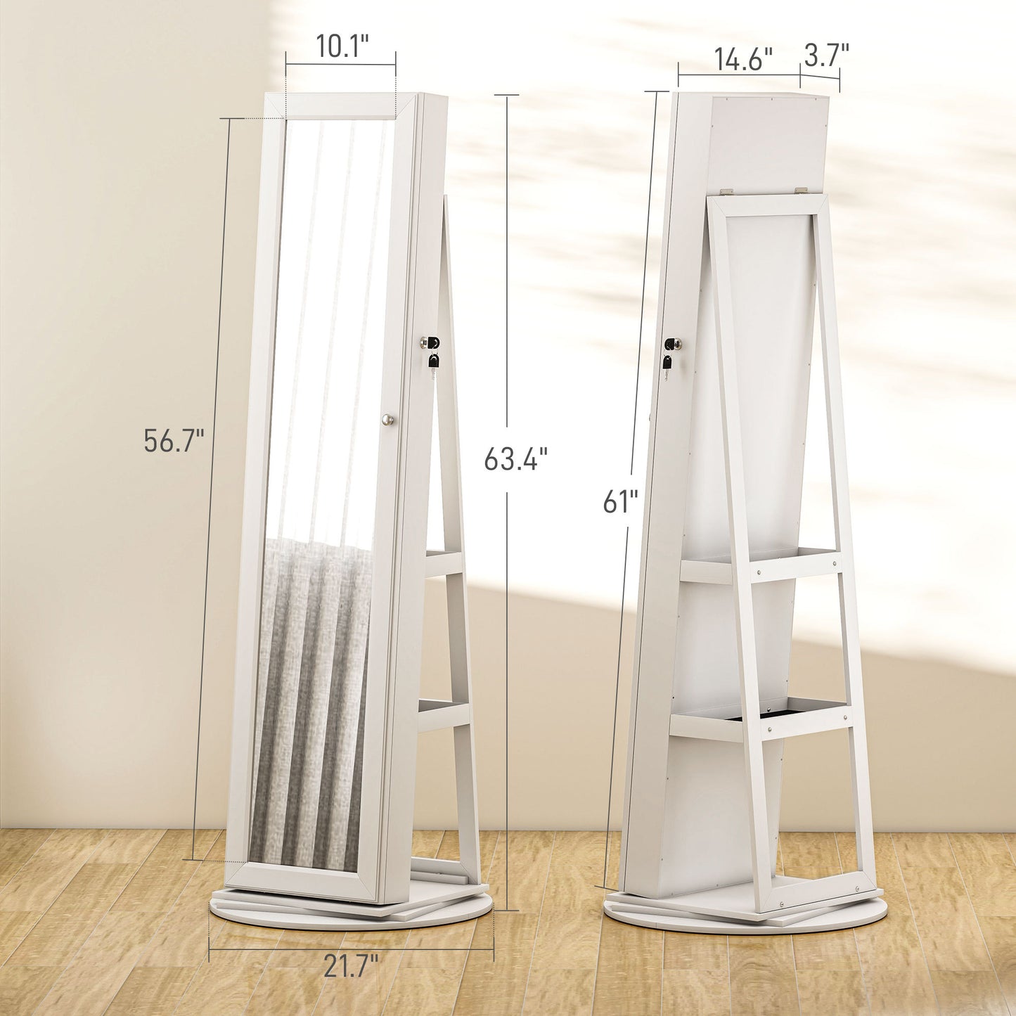 US Local Jewelry Armoire, Lockable Jewelry Cabinet With Full-Length Mirror, Storage Shelves, White