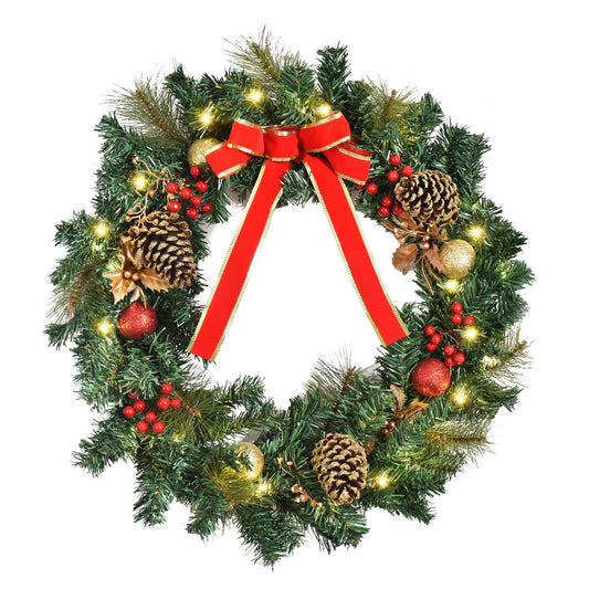 CA Local Christmas Wreath Pre-Lit Artificial Greenery Xmas Spruce Wreath Cones Red Berries 20 LED Lights Battery Operated