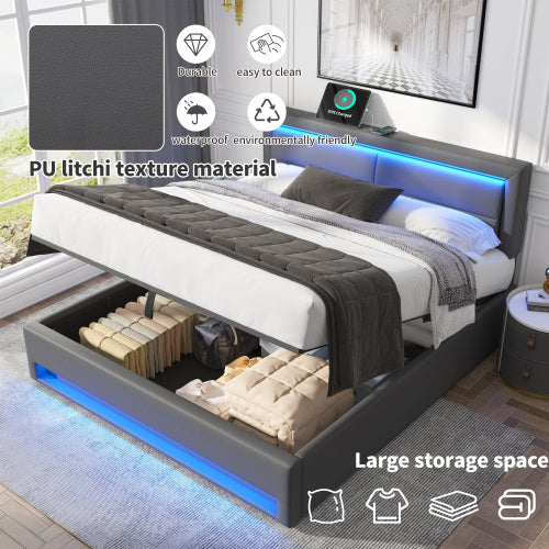 UK Local Upholstered Bed 150 X 200 Cm, King Size Bed-5ft,with USB Port Supports Wireless And Wired Charging, With LED Lighting And Storage Space, Without Mattress, PU Lychee Pattern, Grey