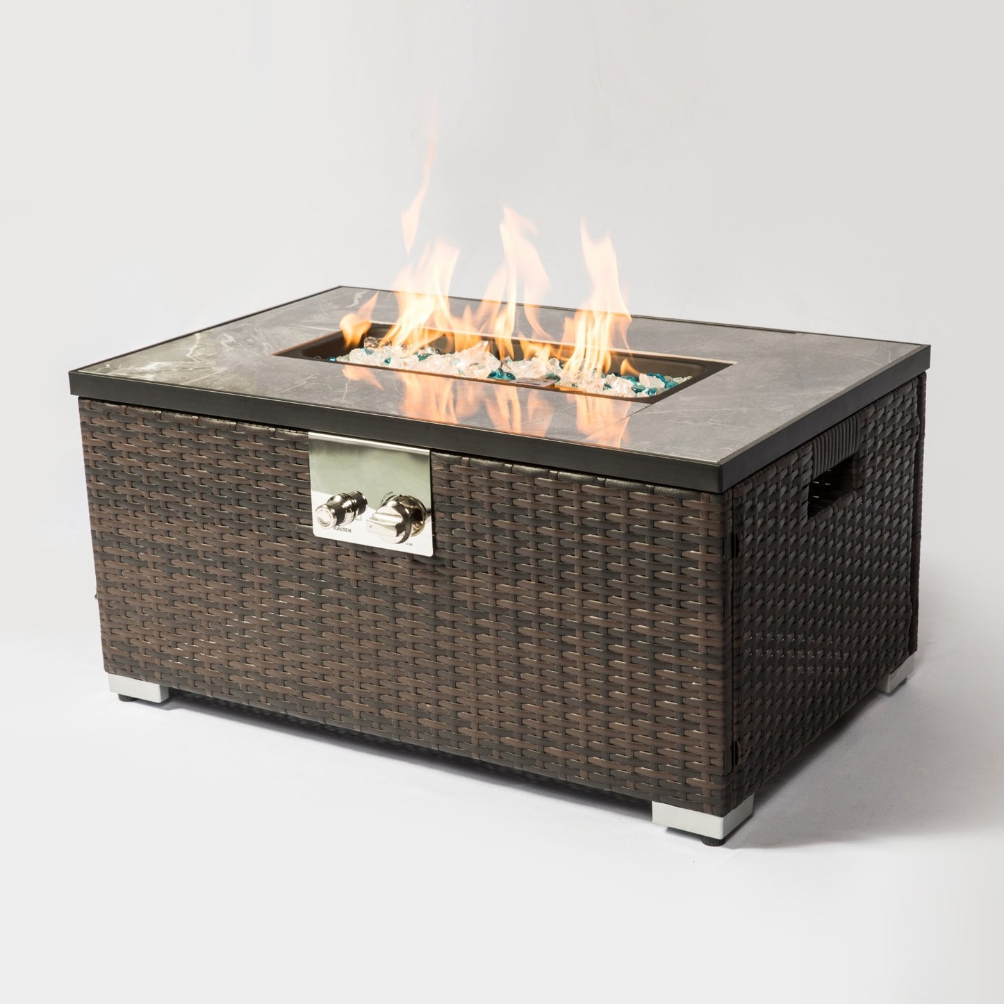 US Local Outdoor Fire Table Propane Pit Rattan With Tile Tabletop