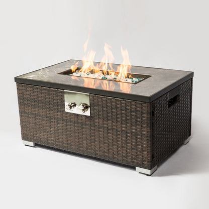 US Local Outdoor Fire Table Propane Pit Rattan With Tile Tabletop