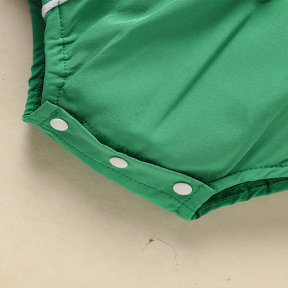 US Local Baby Green Lapel Short Sleeve Romper Clover Print Button Detail Playsuit With Snap Closure