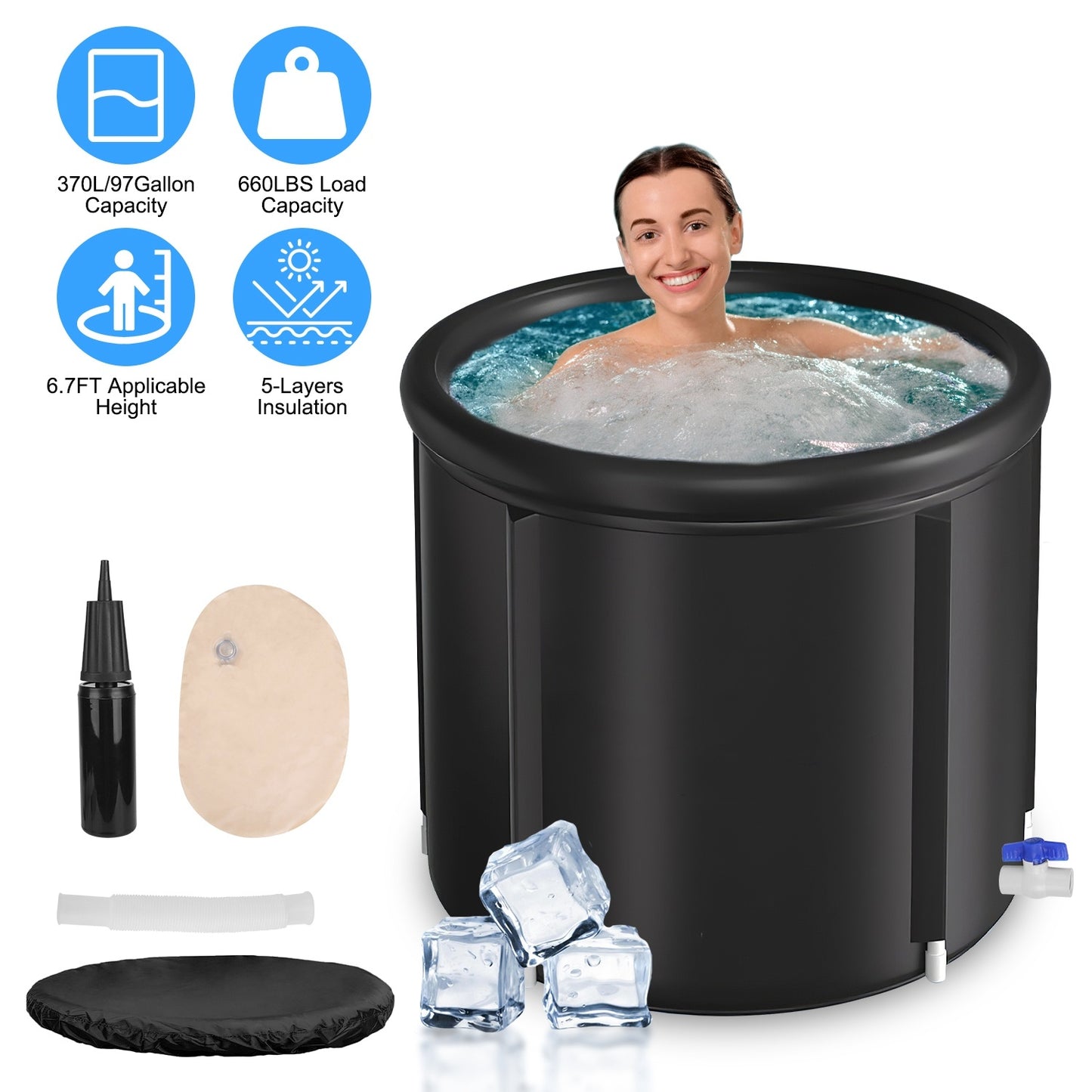 US Local 1Pc 97Gal Large Size Ice BathTub With Cover For Adults Athletes Recovery Cold Water Therapy Outdoor Portable Cold Plunge Tub 660LBS Load Capacity 33.46x33.46x29.52in