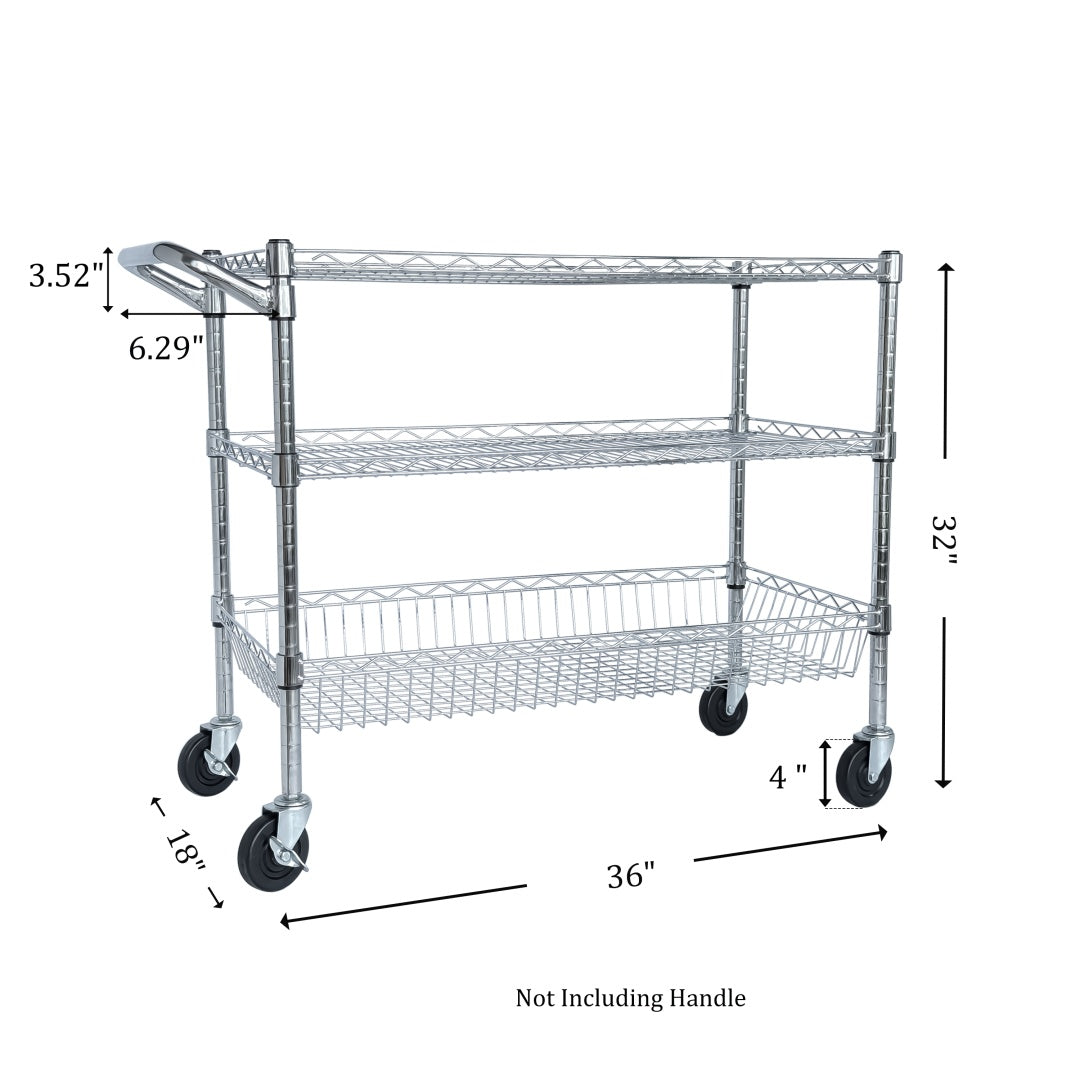 US Local Heavy Duty Rolling Utility Cart,3 Tier Rolling Carts With Wheels,with Handle Bar  Shelf Liners,36X18X32  Storage Cart For Kitchen,Restaurant,Plant Display,Chrome