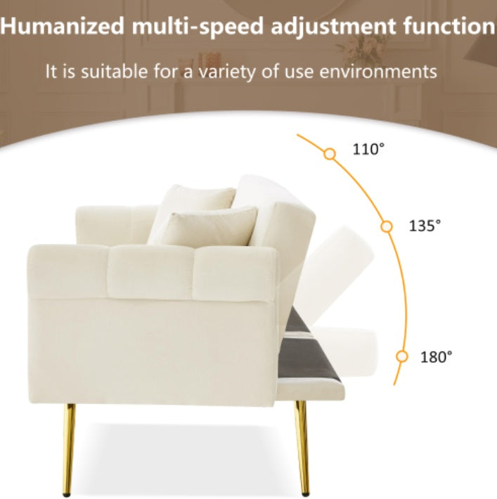 UK Local Modern 2-Seater Sofa Bed Velvet Upholstery, 3 Stage Adjustable Backrest Gold Plated Metal Feet Stylish Sofa With Sleeping Function  Space-Saving Durable Ideal For Small Spaces