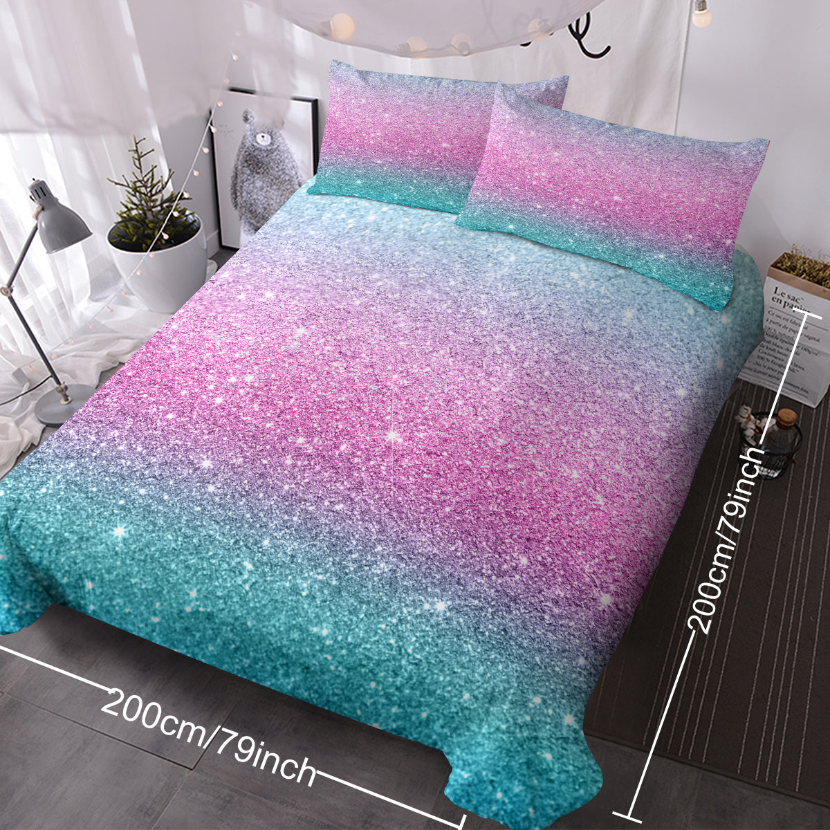 US & UK Local Girly Duvet Cover Rainbow Glitter Ombre Bedding Sets 3 Pcs Chic  Purple Blue Green Pastel Bed Spreads Sparkle Quilt Cover Set With 2 Pillow Shams