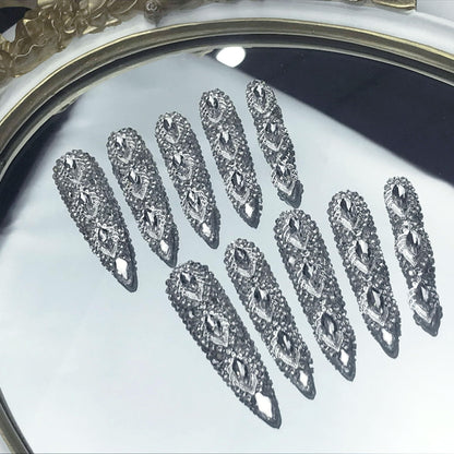 US Local GGddsha Queen Of Haute Style Full Diamond Long AlmondPress On Nails PMMA Acrylic Handmade Nails Full Deluxe 3DCrystal Fake Nails,Glacial Empress