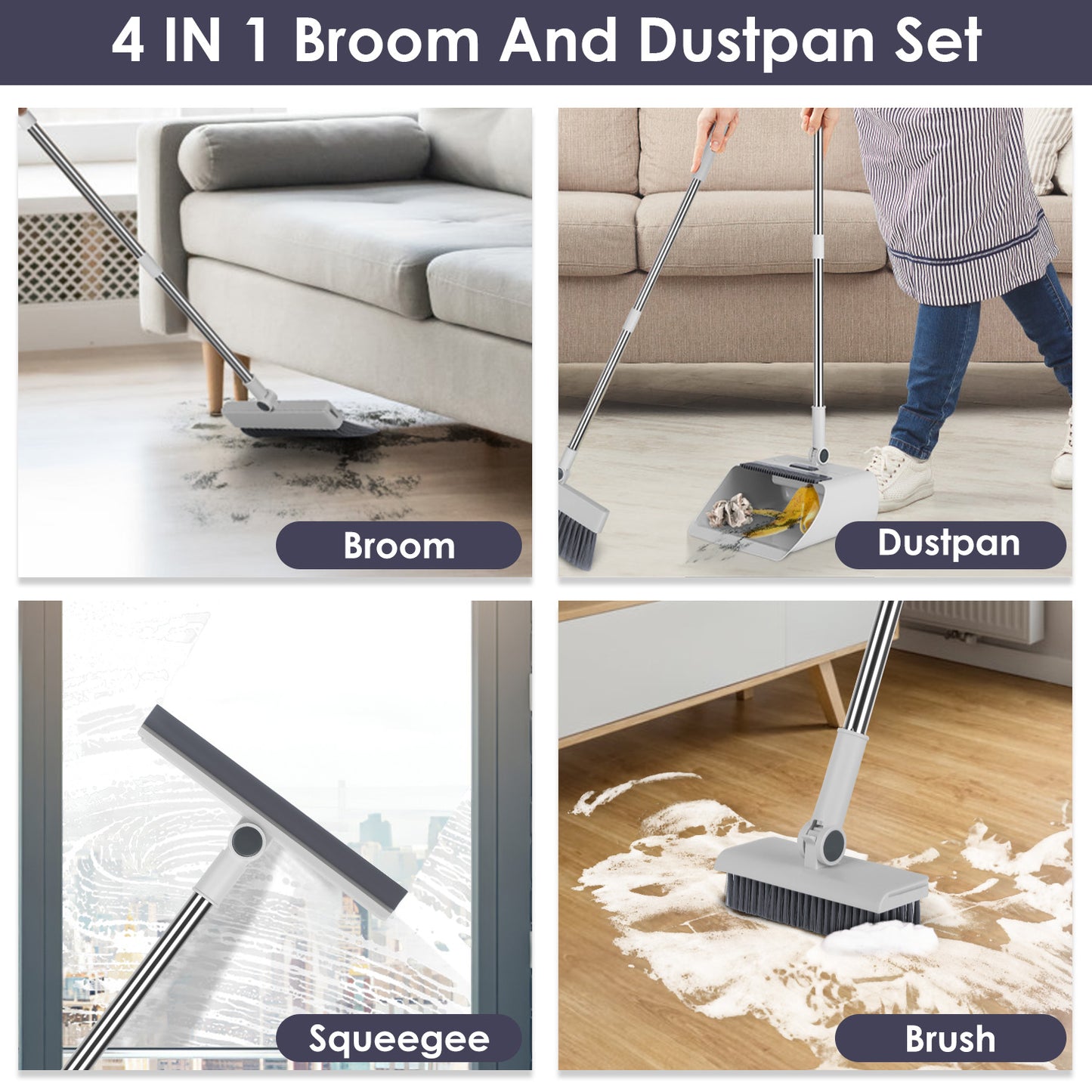 US Local 1Set Broom And Dustpan Combo Set With Squeegee Stainless Steel Handle 4 In 1 Upright Standing Broom And Dust Pan For Indoor Outdoor Garage Kitchen Room Office Sweeping