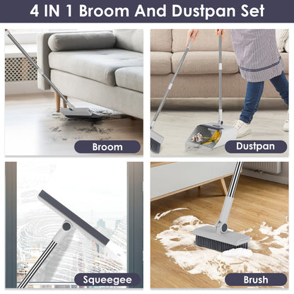 US Local 1Set Broom And Dustpan Combo Set With Squeegee Stainless Steel Handle 4 In 1 Upright Standing Broom And Dust Pan For Indoor Outdoor Garage Kitchen Room Office Sweeping