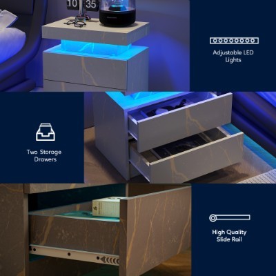 UK Local Nightstand LED Bedside Table Cabinet Lights Modern End Side With 2 Drawers For Bedroom Grey Gold