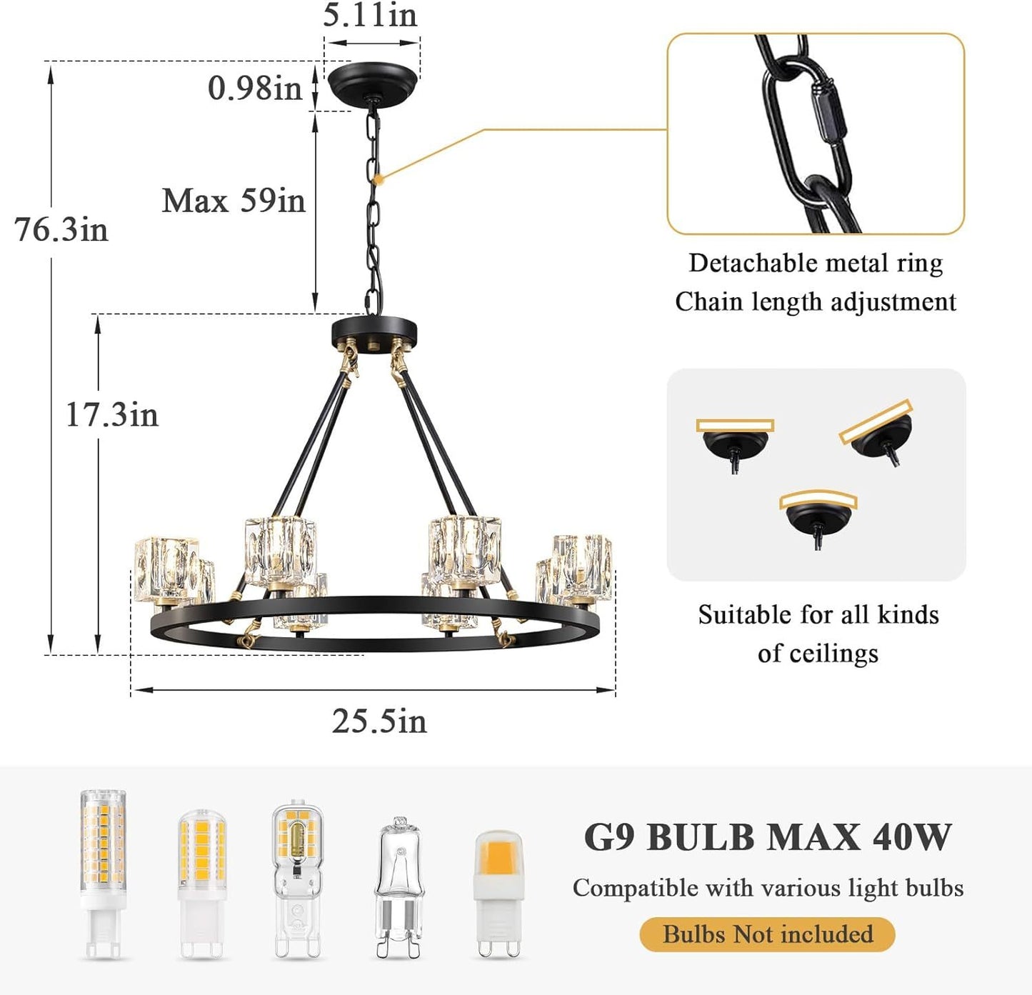 US Local Black Wagon Wheel Chandelier, 8-Light Farmhouse Crystal Chandeleirs With Adjustable Height,Ceiling Hanging Light Fixture Pendant Lights For Living Room,Bedroom,Kitchen Island,Dining Room,Bedroom