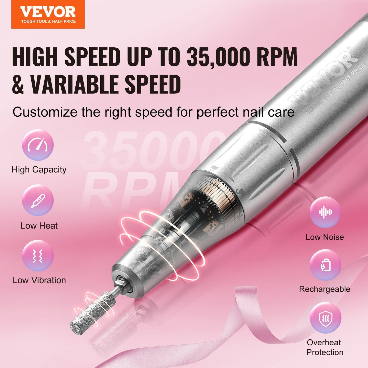 US Local VEVOR Electric Rechargeable Nail Drill, 35,000RPM Portable Cordless Nail E File Machine, LCD-Display Acrylic Gel Grinder Tool With 6 Bits And 50PCS Sanding Bands For Manicure Pedicure Carve Polish